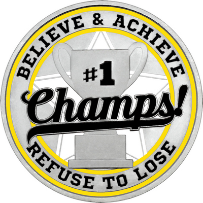 Black "Champs!" with Yellow Outer Circular Borders